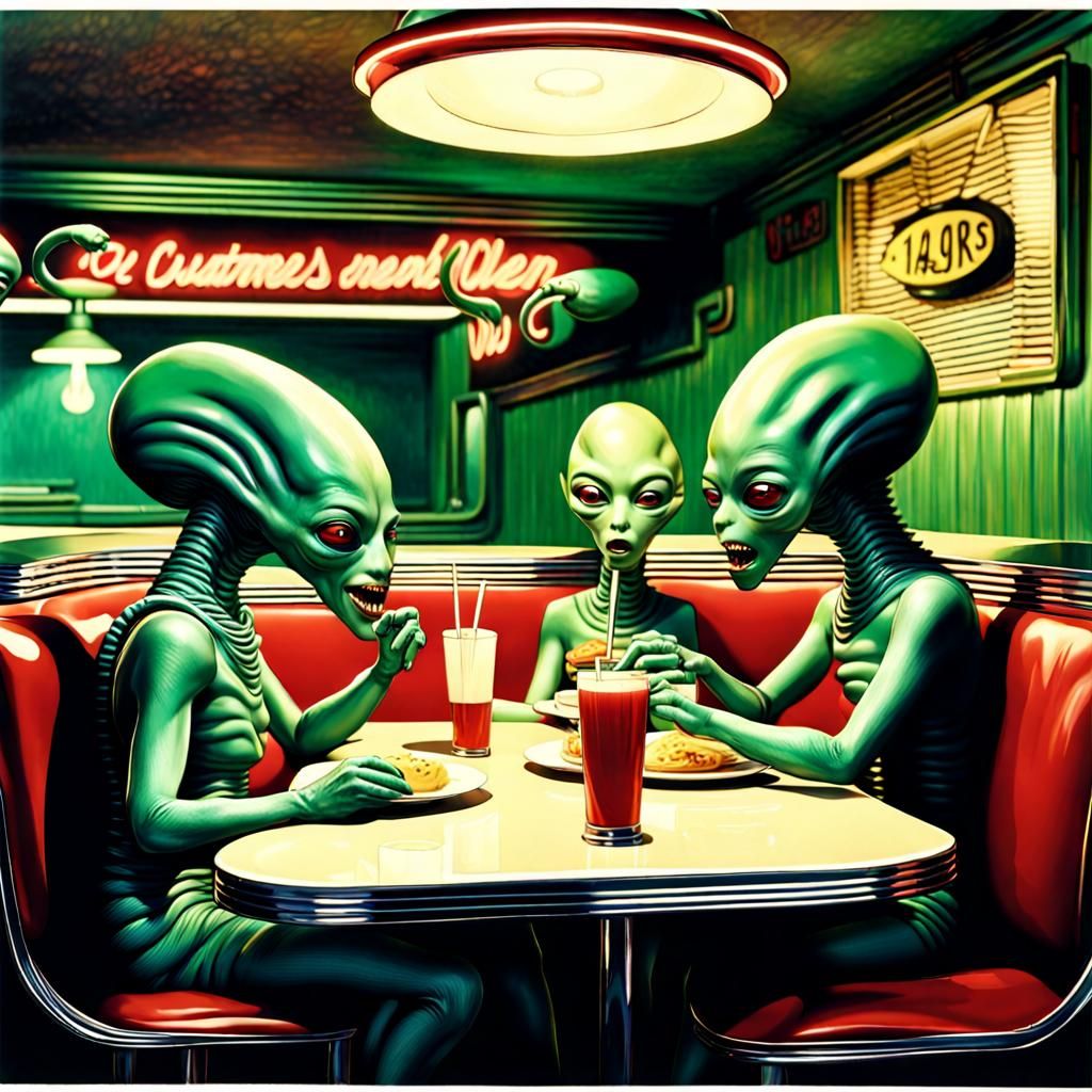 Three extraterrestrial alien customers eating at a 1950s din...