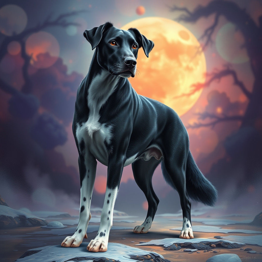 Elegant Black Dog Stands Proud in a Vibrant, Mystical Landsc...