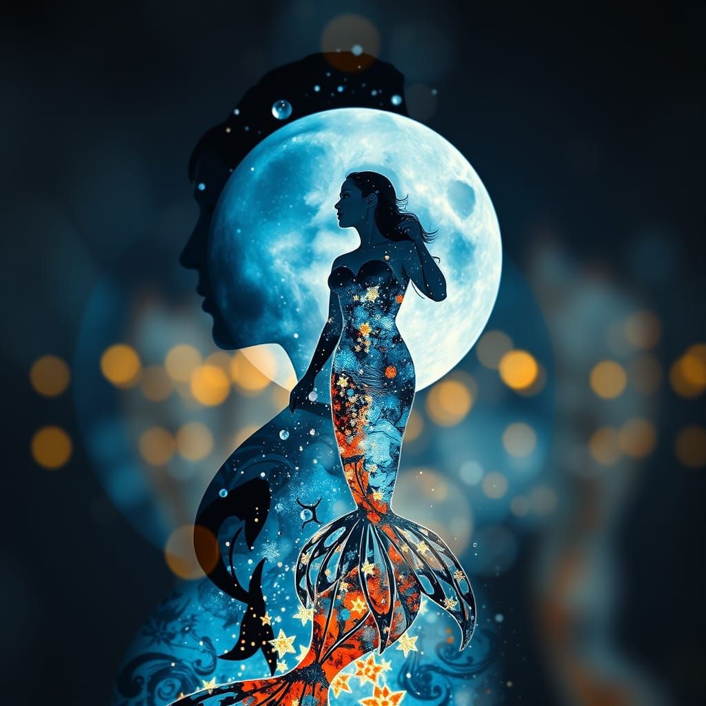 Ethereal Mermaid Illuminated by Blue Moonlight in Gouache Im...