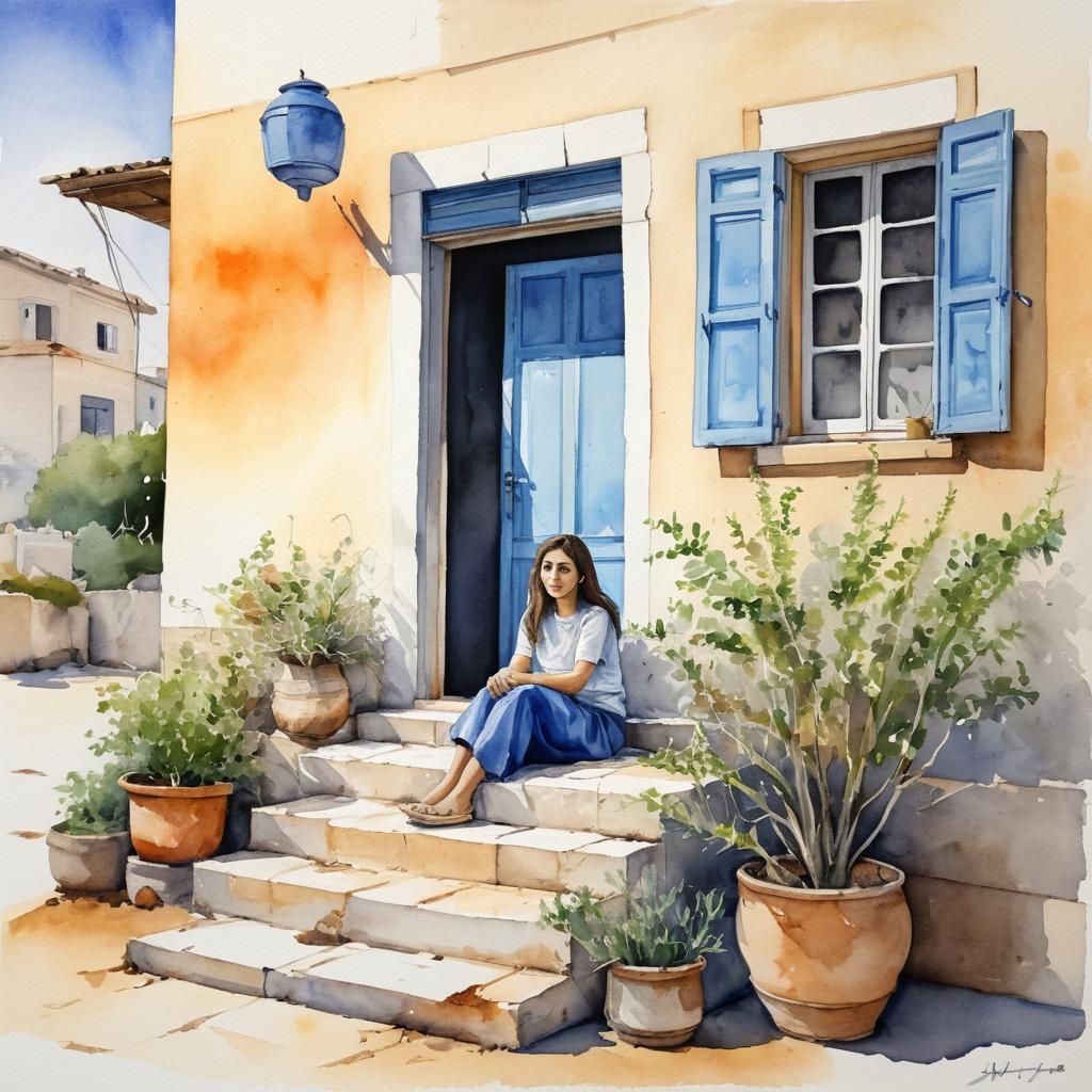 Watercolor Portrait of an Israeli Girl at Home