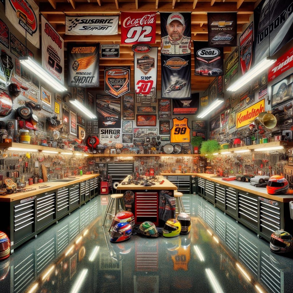 Motorsports Garage Packed with Fan Gear and Tools