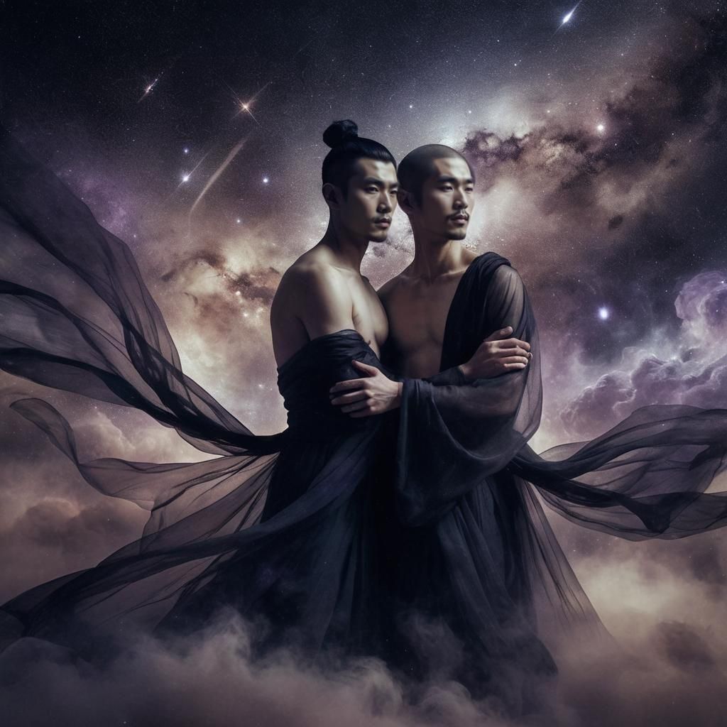 Chinese Men Holding Planet in Cosmic Void