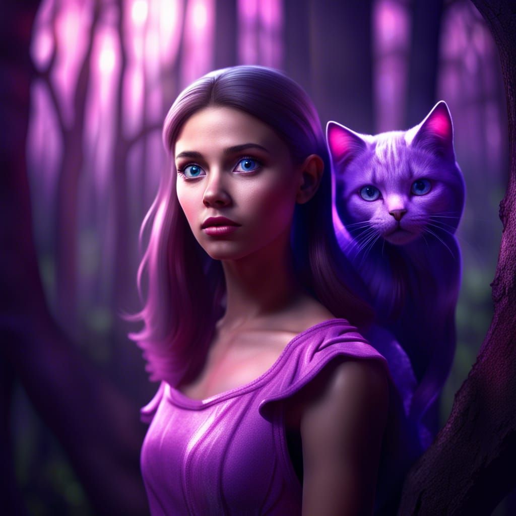 Girl with Cat in Forest, Hyperdetailed Earth Art