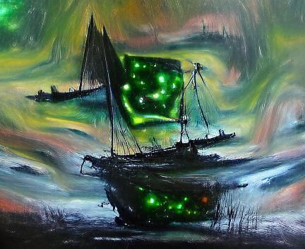 Ethereal Green Ghost Ship Voyage at Night