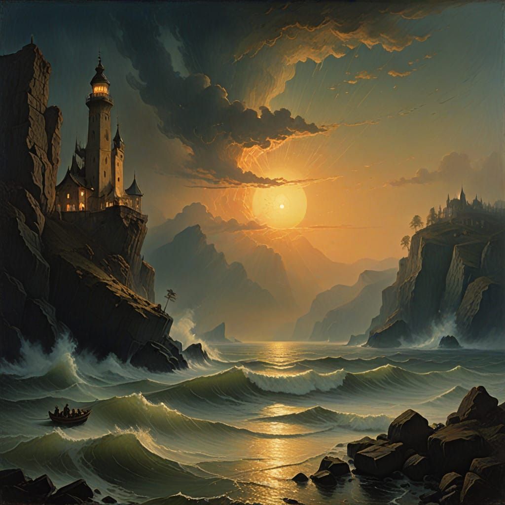 Golden Beacon Illuminates Dark Stormy Ocean in Dramatic Cybe...