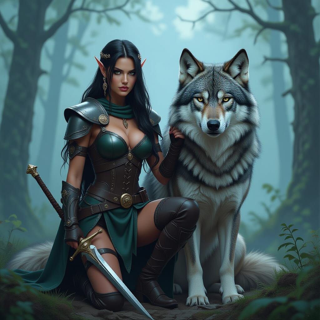 Elf Warrior and Wolf in Fantasy Art Style
