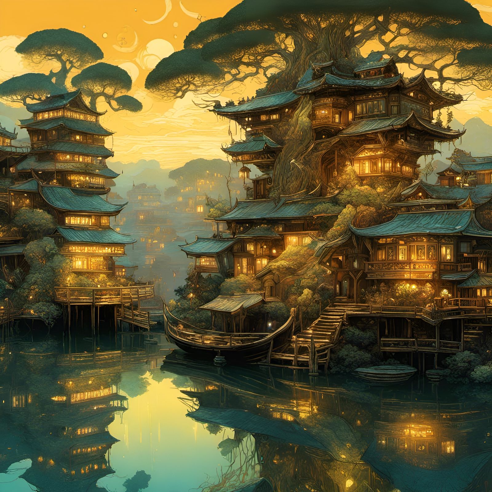 Golden Bonsai Tree Village by Reflective Pond