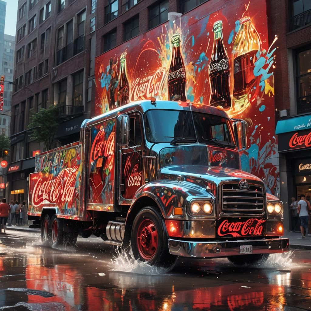 Hyperrealistic Coca-Cola Truck in City Square
