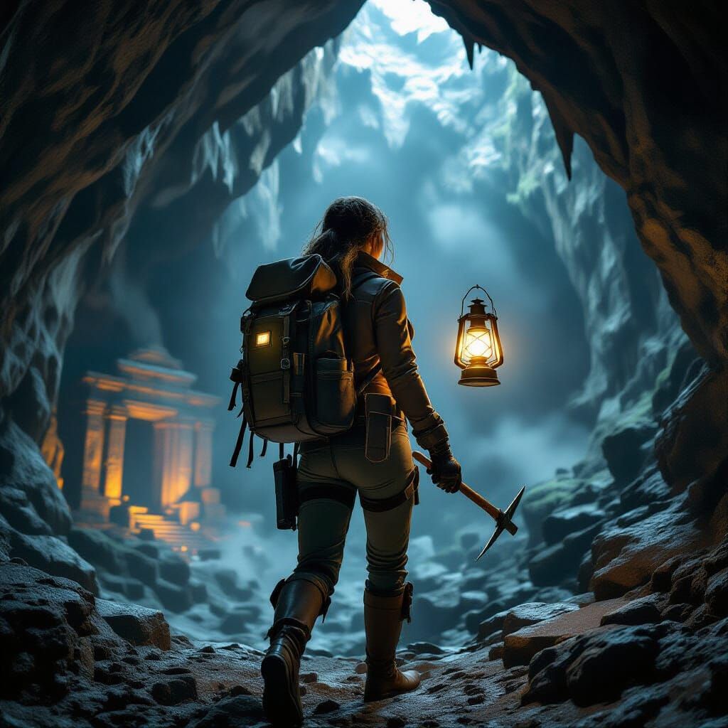Female Explorer in Vast Underground Cavern