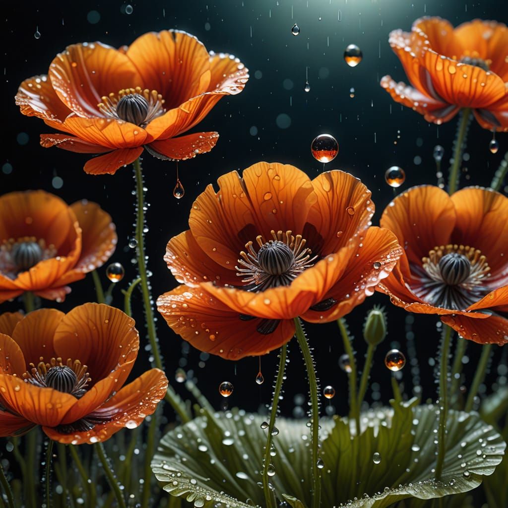 Poppies in the rain