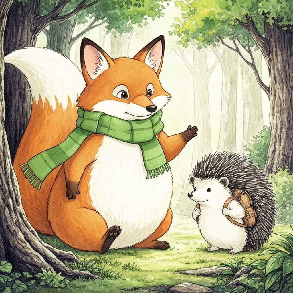 Fluffy Fox & Hedgehog in Vibrant Forest, Whimsical Watercolo...