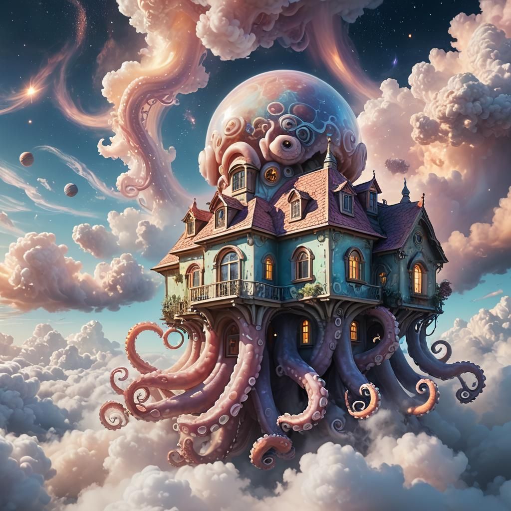 Octopus House Floats in Space as Digital Art