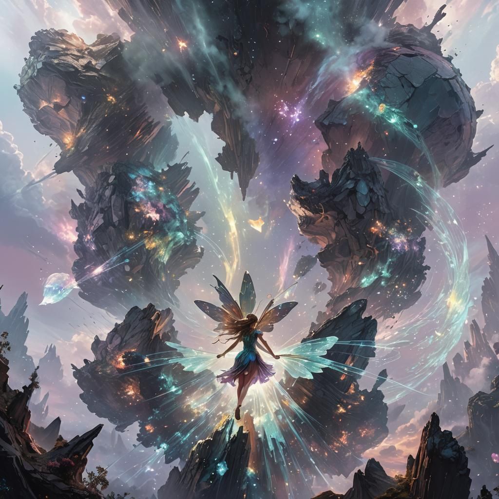 Fairy on Glowing Asteroid in Dreamy Sunset Space