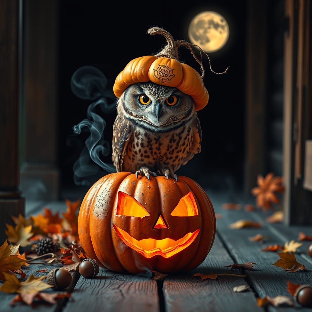 Wise Owl in Pumpkin Hat on Jack-o'-Lantern
