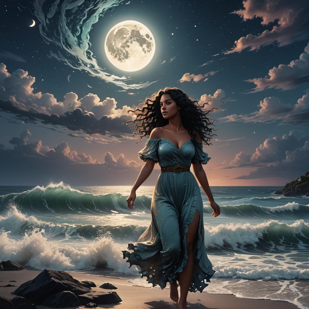 Moonlit Woman Walks to Sea: Fantasy Concept Art