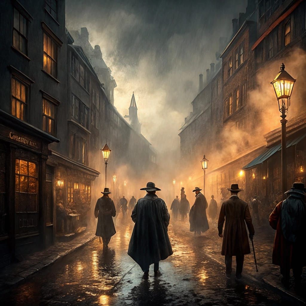 Dickensian London Street Scene in Swirling Fog