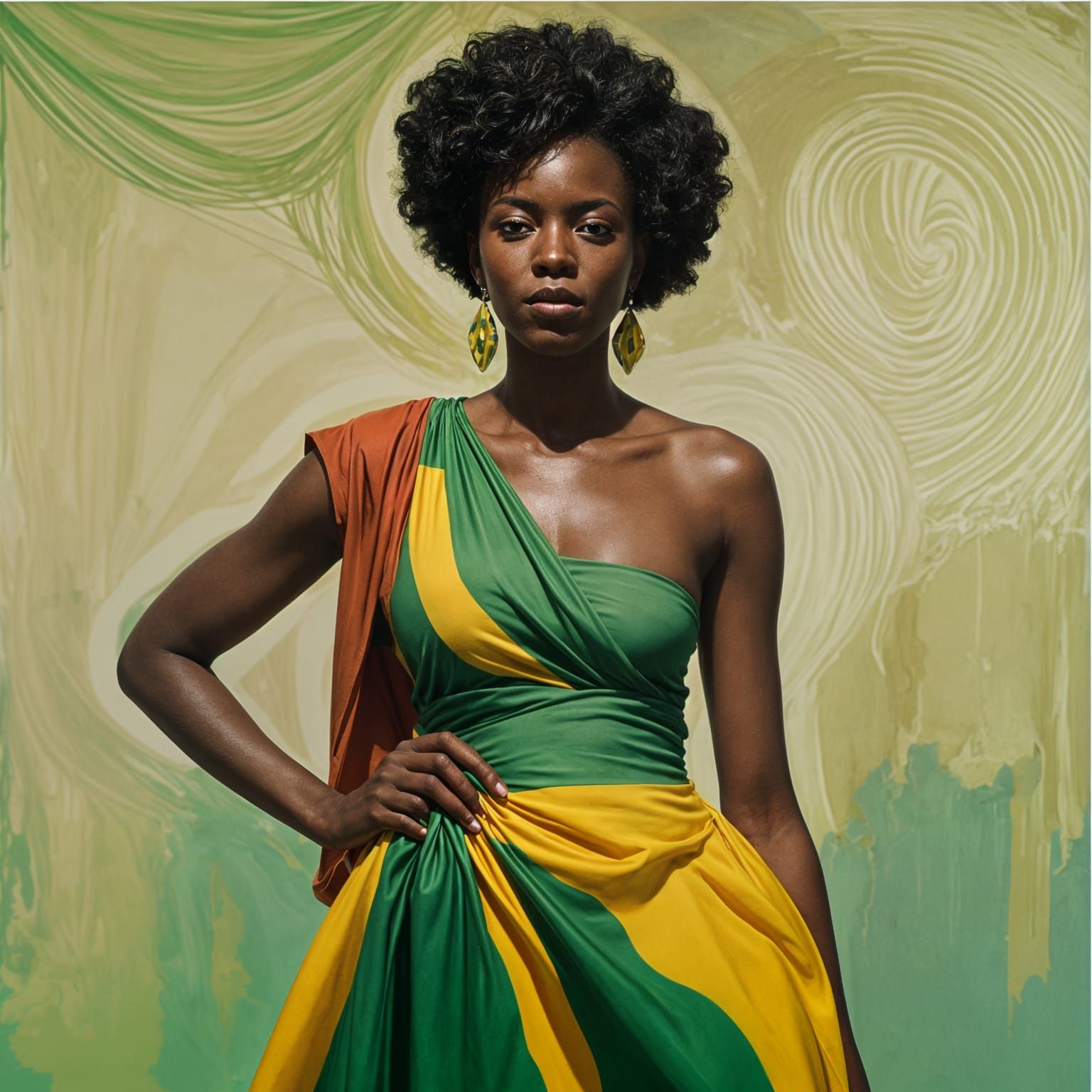Jamaican woman wearing a jamaican flag as a dress.