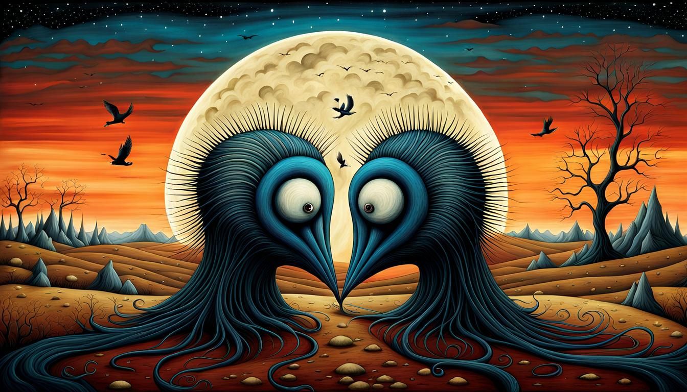 Surreal Creatures' Kiss in Desolate Landscape