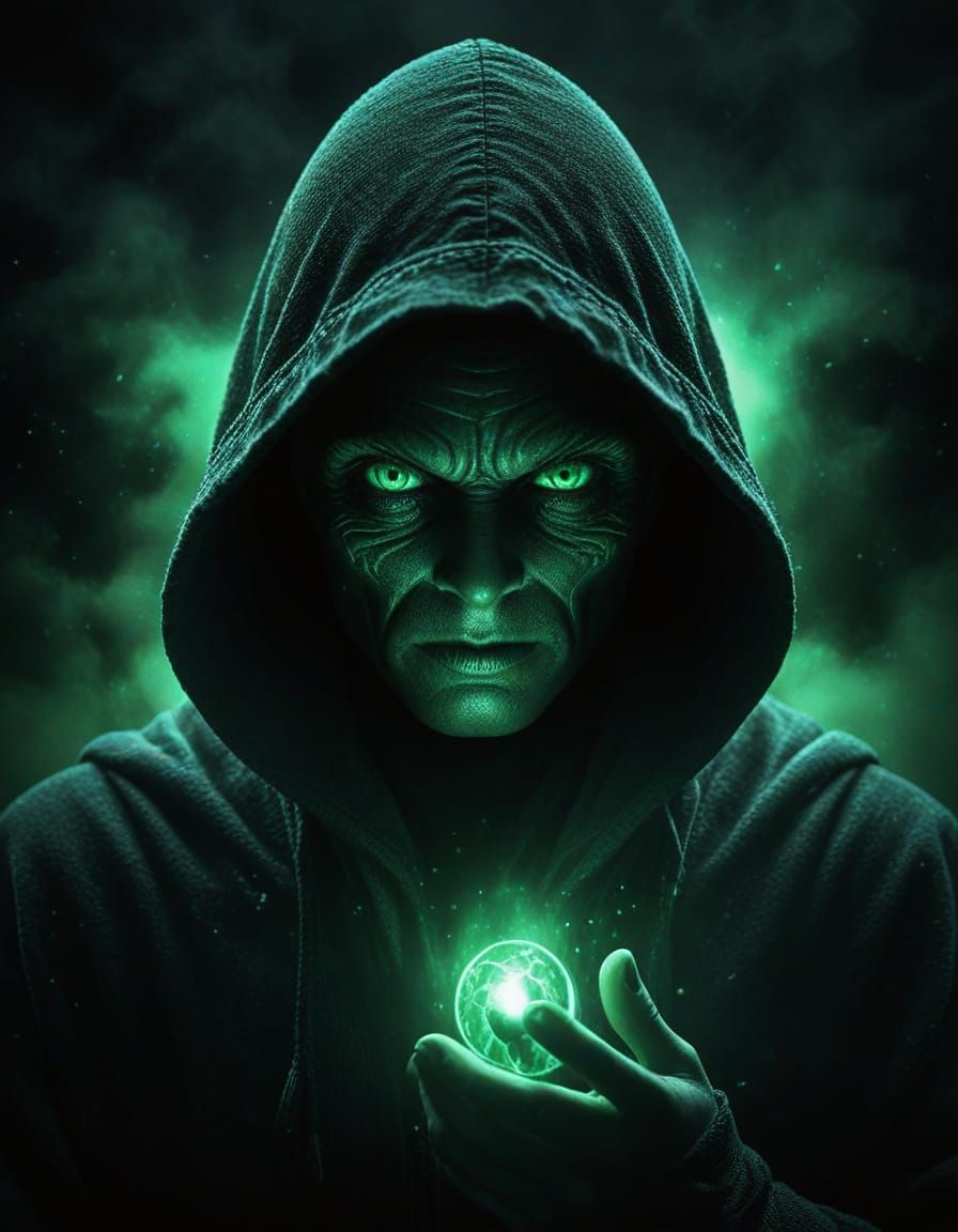 Mysterious Emerald-Eyed Alien in a Dark, Swirling Fog