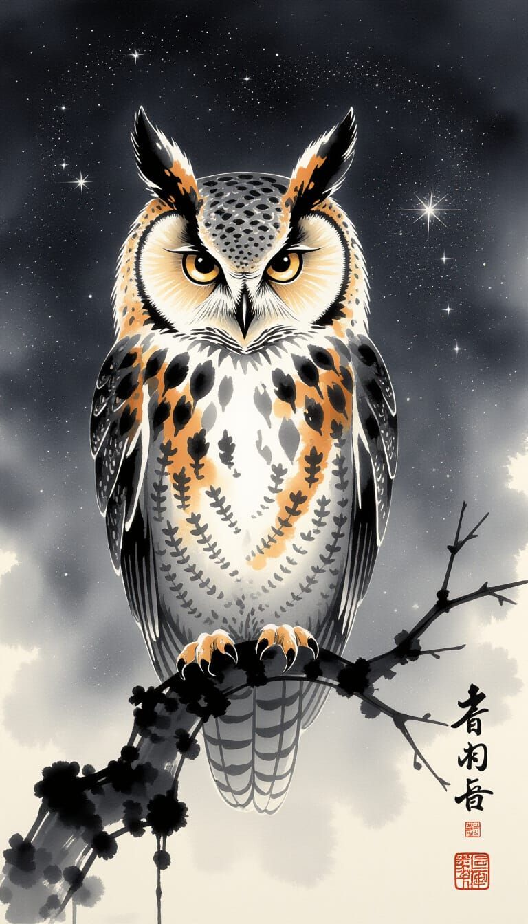 Ancient Owl in Cosmic Chinese Ink Painting