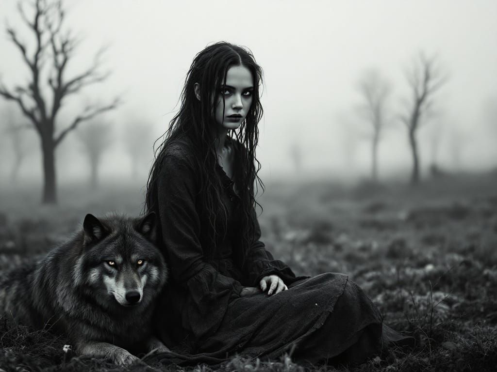 Mysterious Woman and Wolf in Moody Landscape