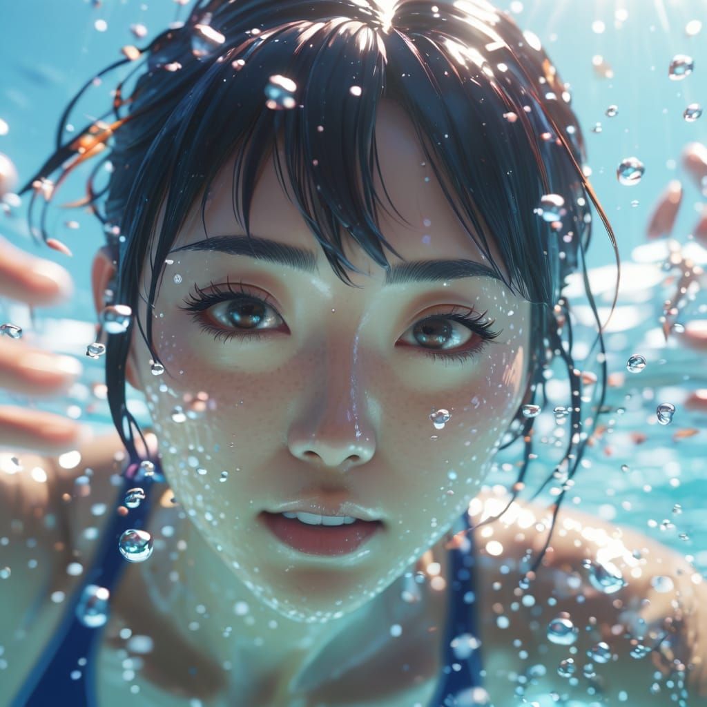 Vibrant Japanese Girl Dives in Radiant Water