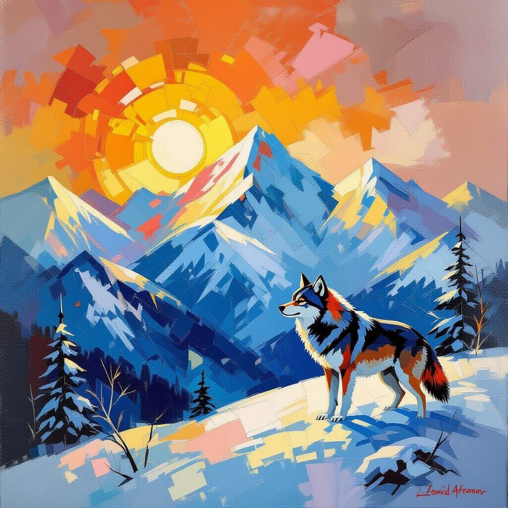Mellow Wolf on Snow Covered Mountain in Afremov Style