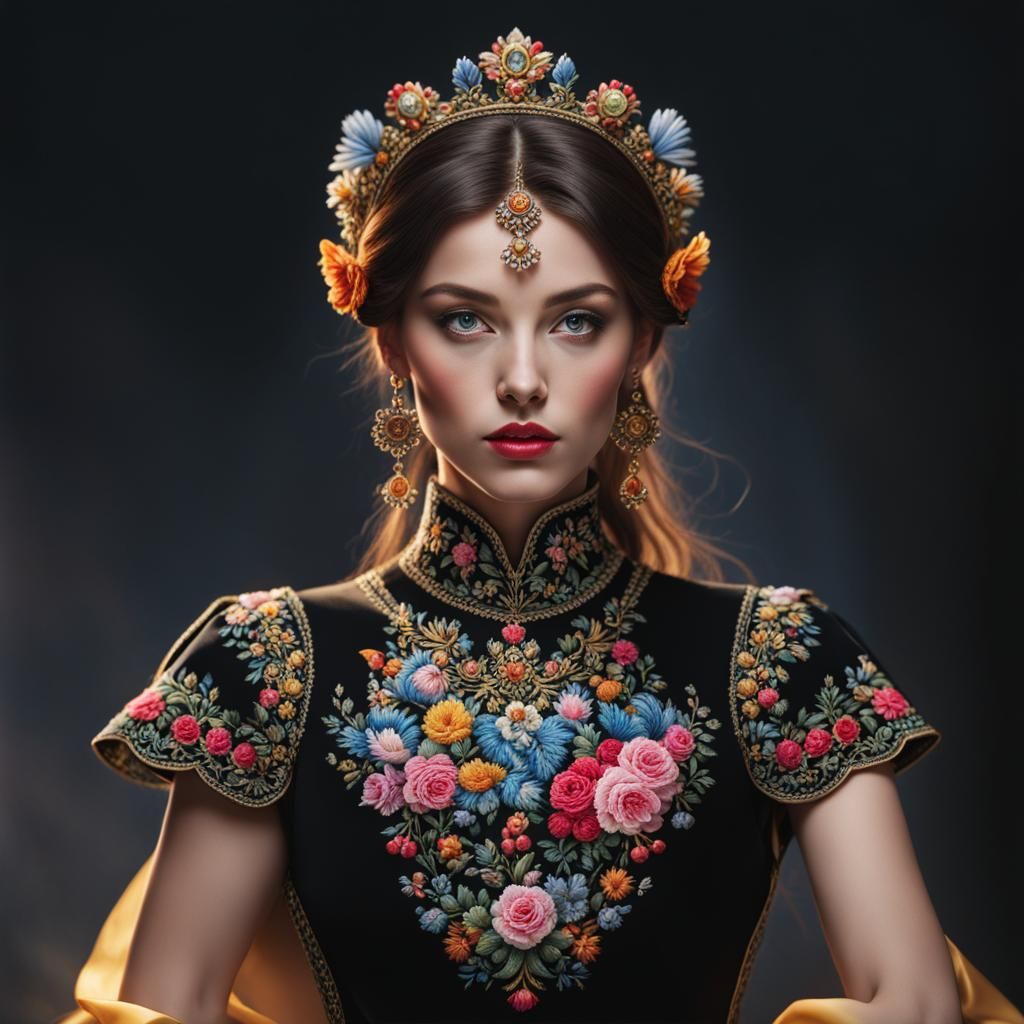 Russian Princess Embroidery with Flowers and Birds