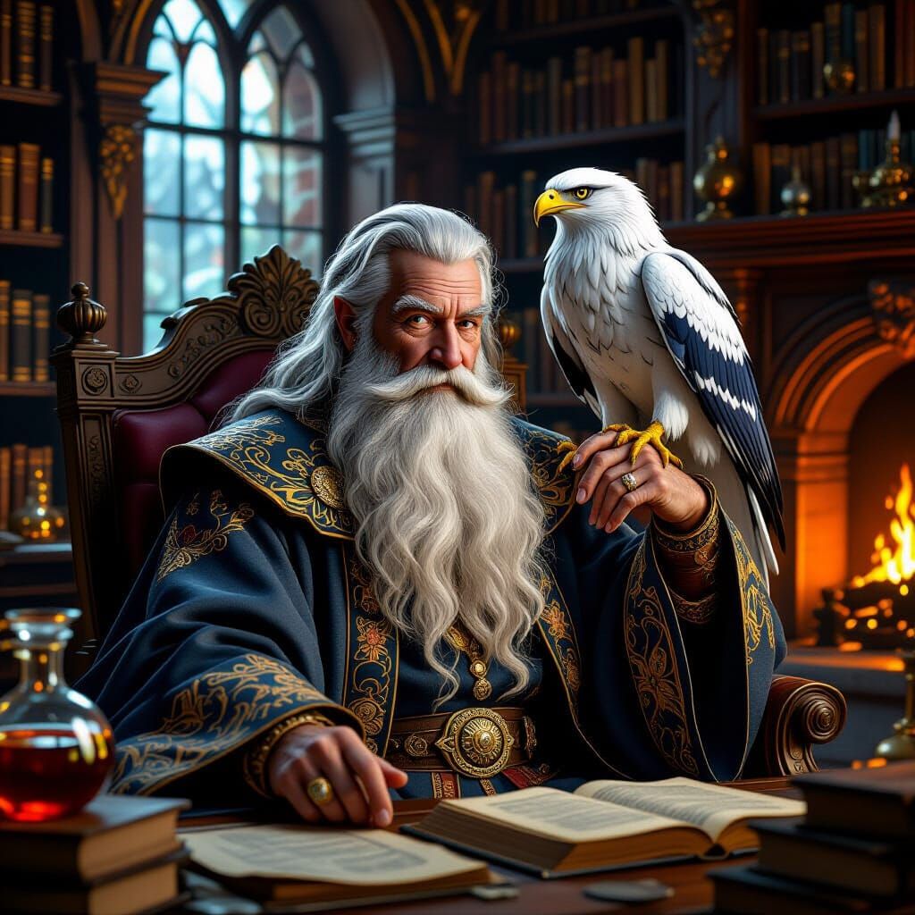 Wise Wizard in Cozy Study, Hyperdetailed Art
