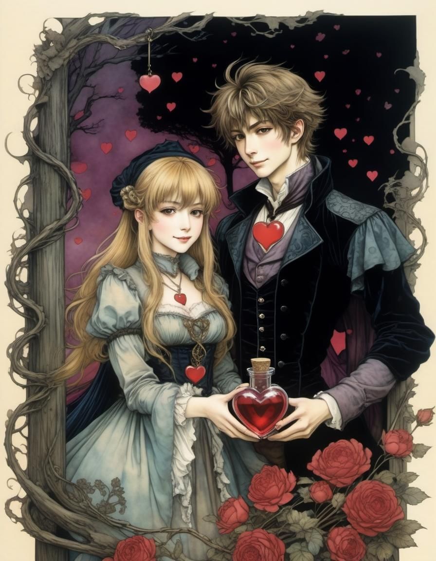 Anime Lovers with Heart Potion in Fantasia Style
