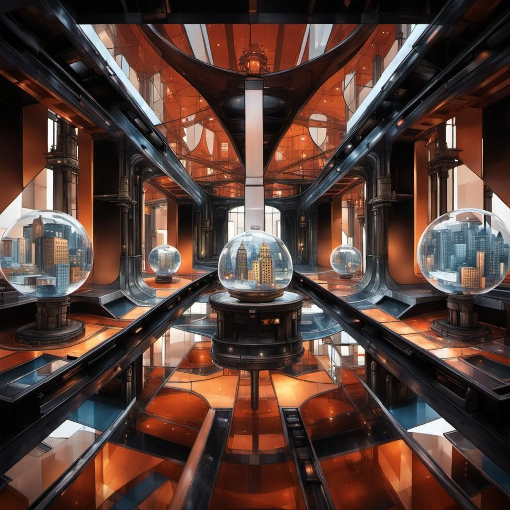 Futuristic Glass City in Steampunk Cubist Style
