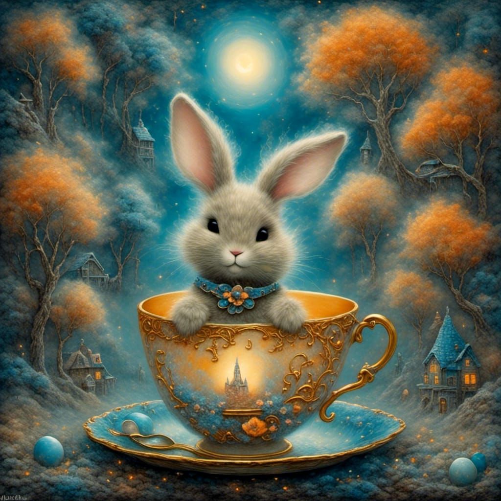 Bunny in Teacup: Ethereal Fantasy Art in Matte Style