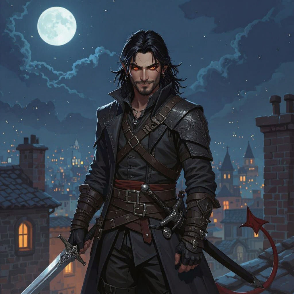 Tiefling Rogue on Rooftop at Night