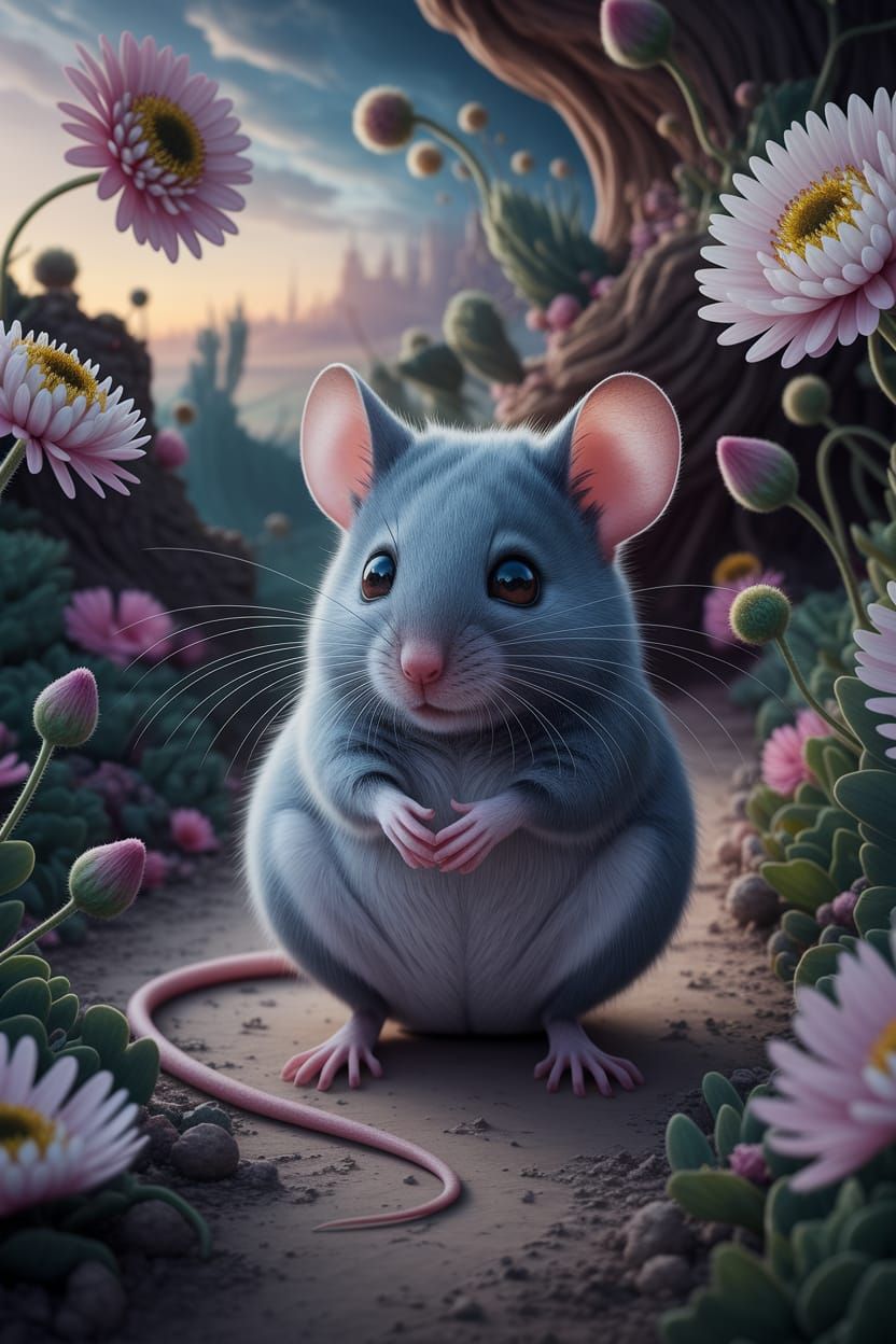 Shy Mouse in Surreal Landscape as Oil Painting
