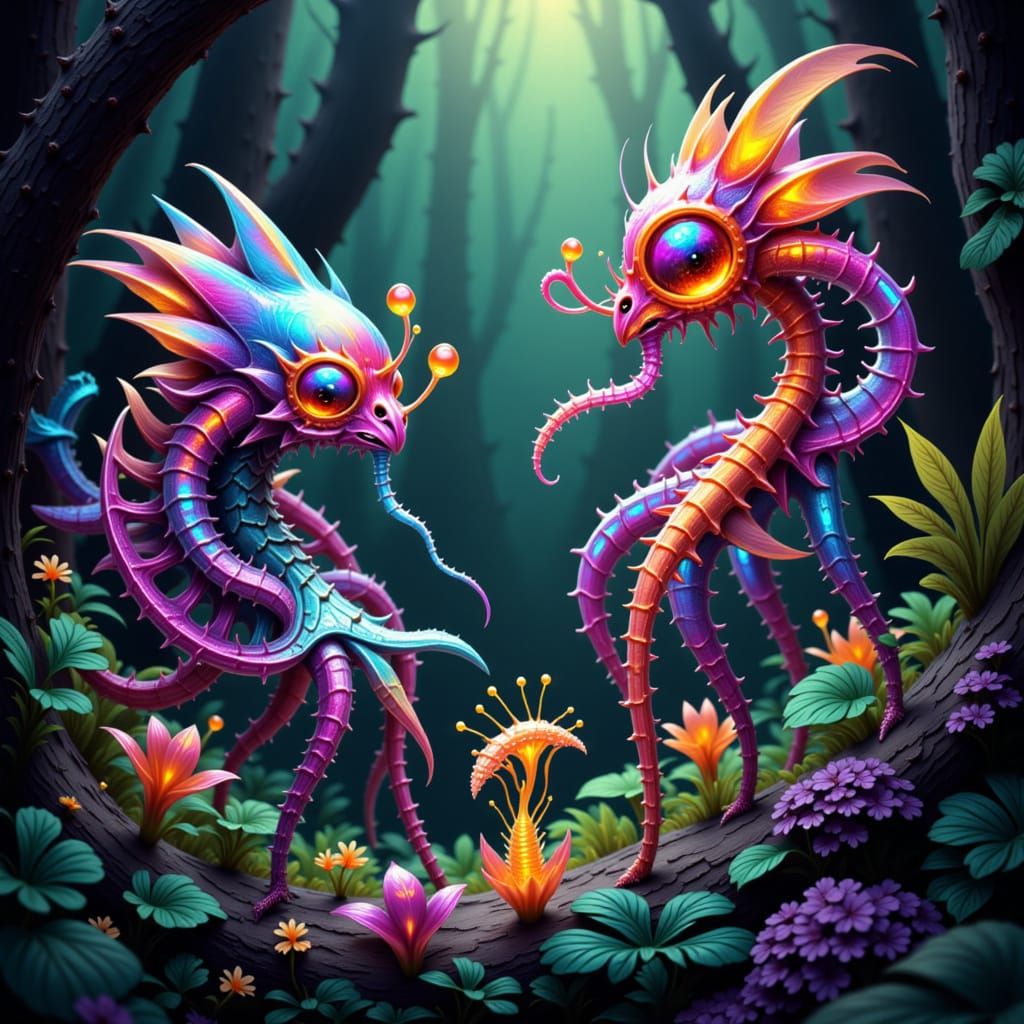 Exoplanet: Iridescent Alien Creatures in Technical Art Style