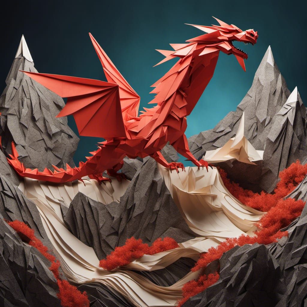 Origami Dragon on Paper Mountain: Mystical Art