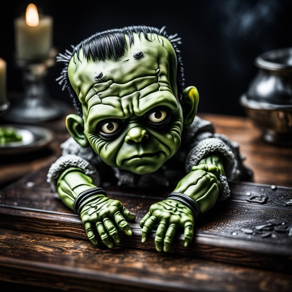 Hyperrealistic Mini Baby Frankenstein on Table