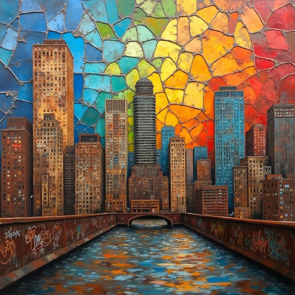 Urban Skyline Collage of Contrasting Textures and Colors