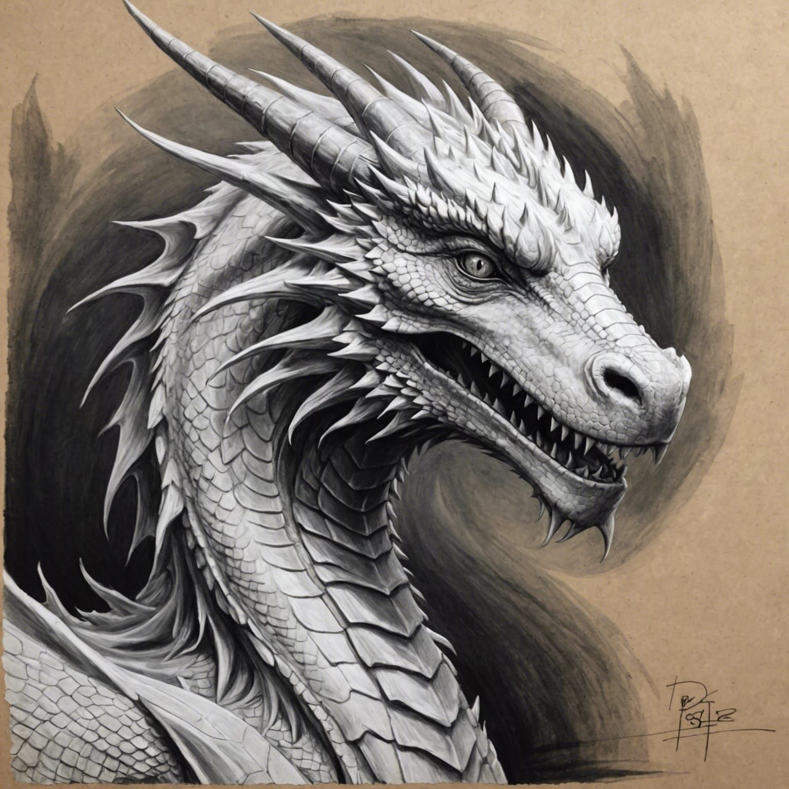 White Dragon Portrait in Charcoal Sketch Style