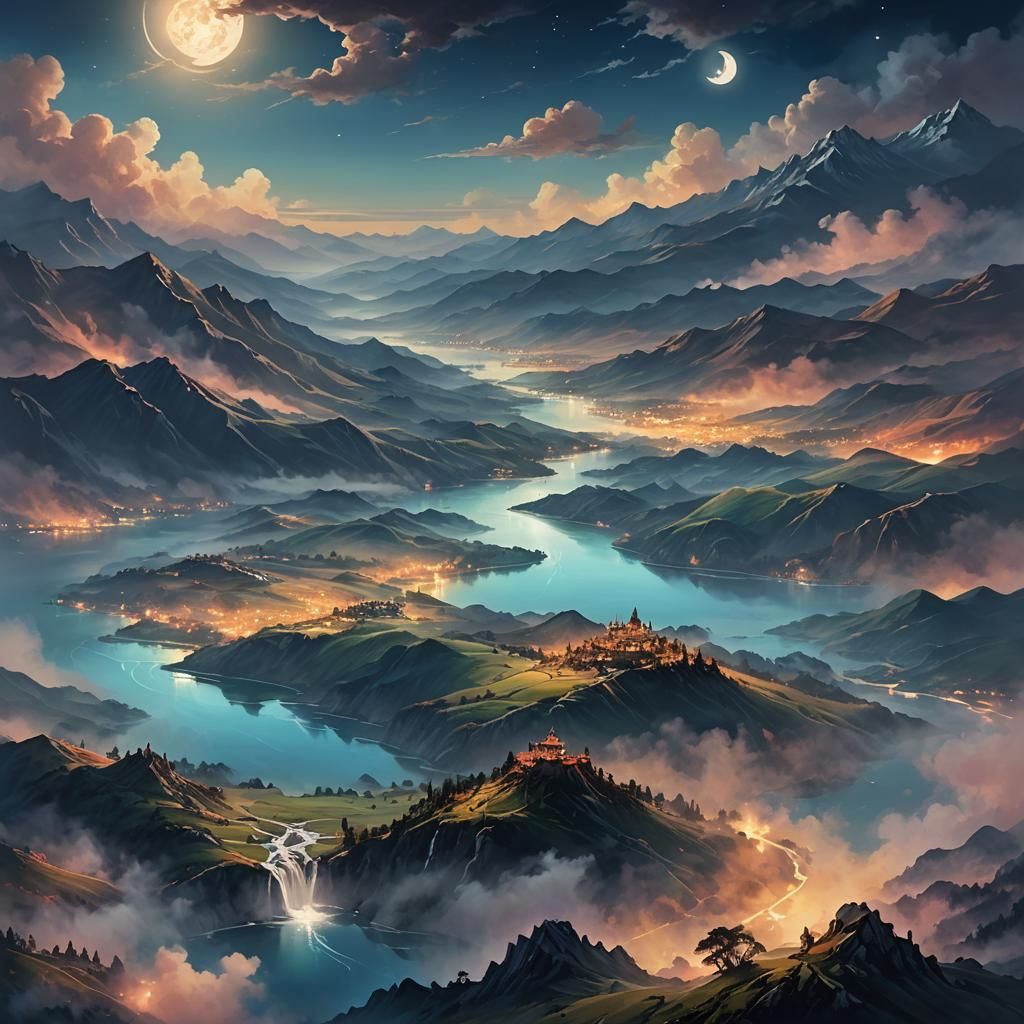Dreamlike Landscape Under a Vibrant Moonlit Sky