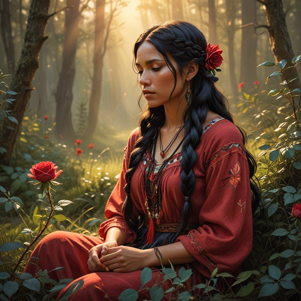 Native American Contemplates Rose in Forest
