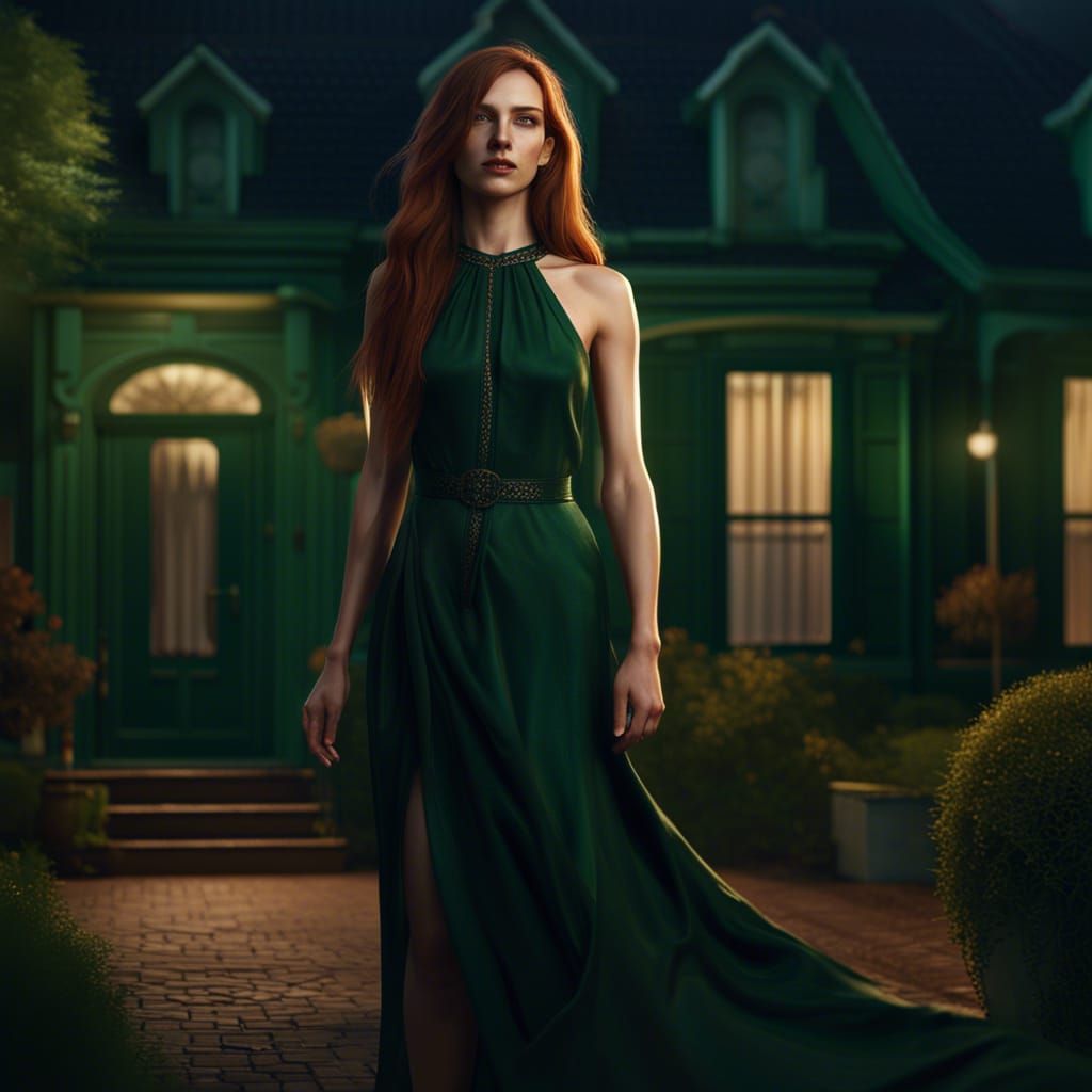 Young Woman in Green Dress: Fantasy Matte Painting