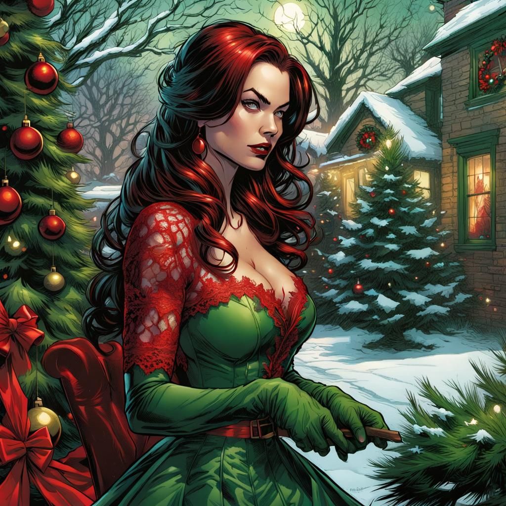 Brunette in Lace: Comic Book Christmas Art