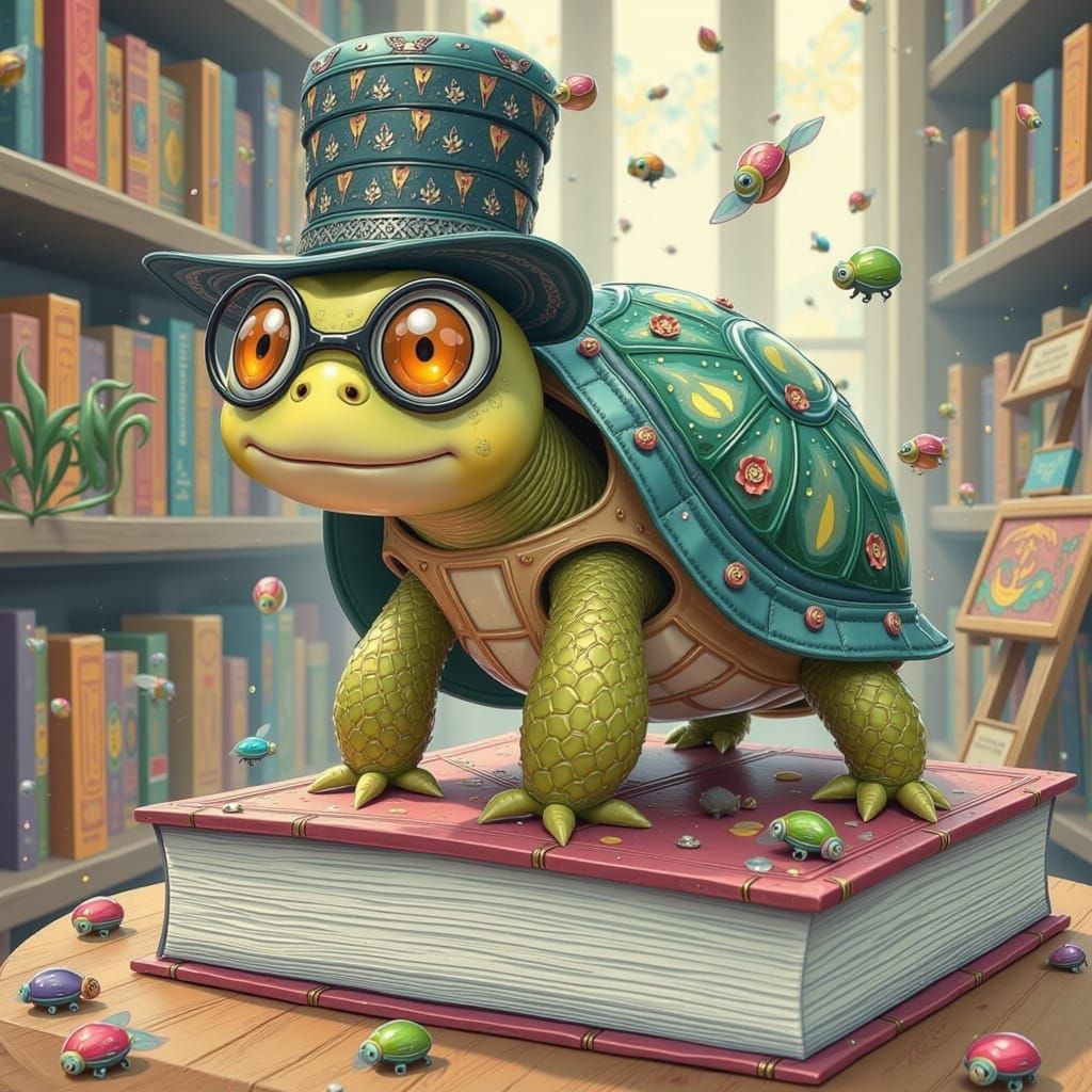 Turtle Balancing Books in Chalk Art Style