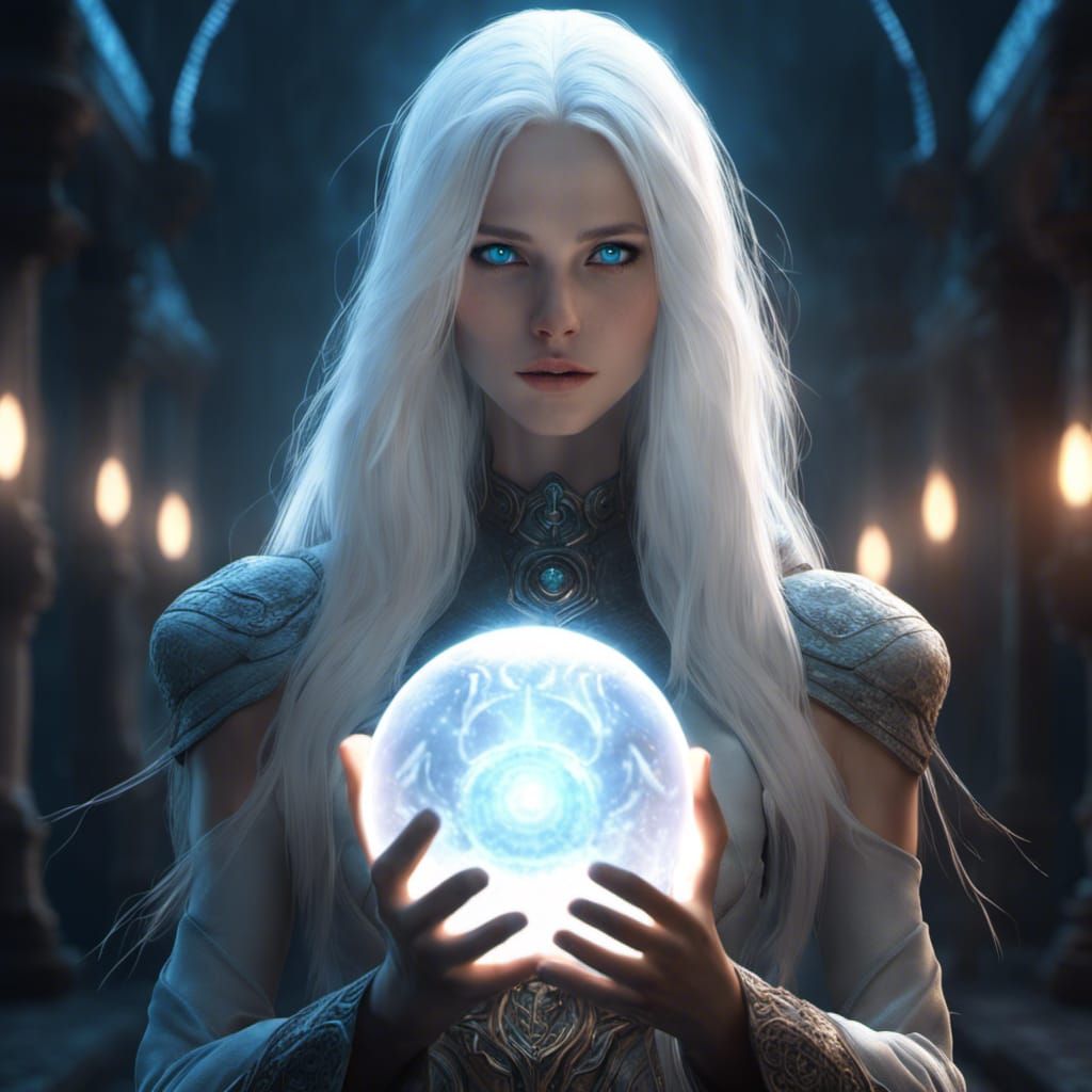White-Haired Woman with Orb, Dark Fantasy Concept Art