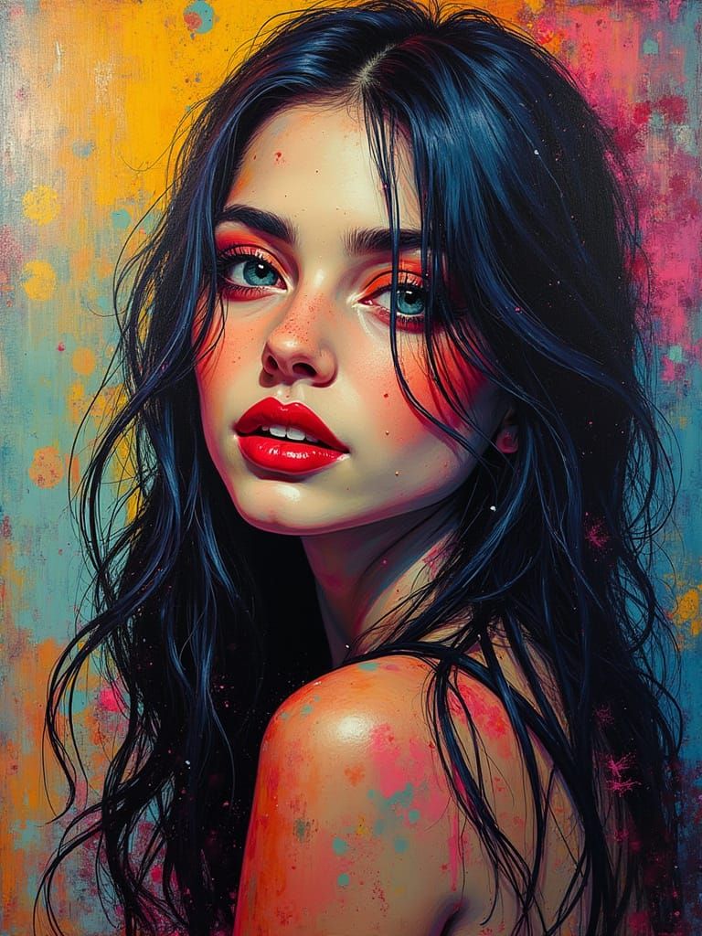 Epic Feminine Portrait in Abstract Mixed-Media Style