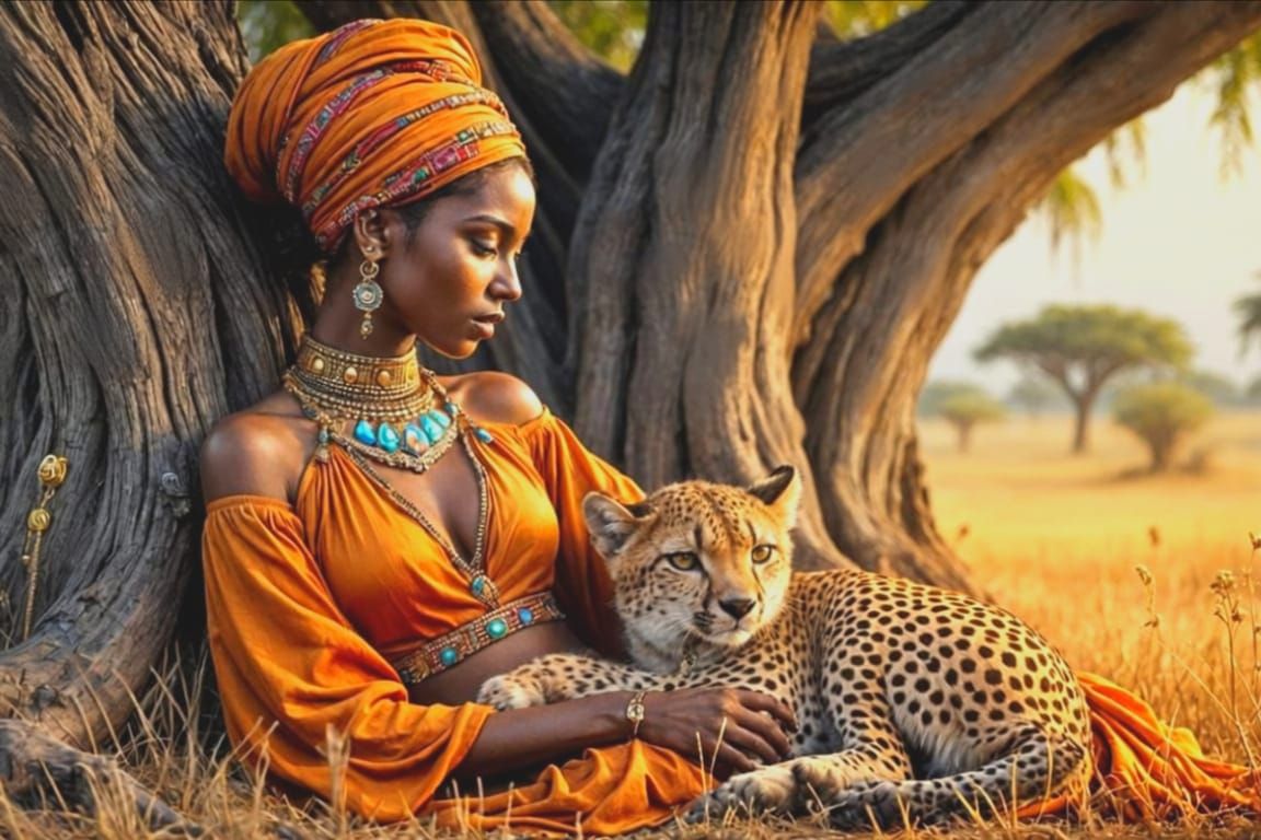 African Woman with Cheetah Cub in Tree
