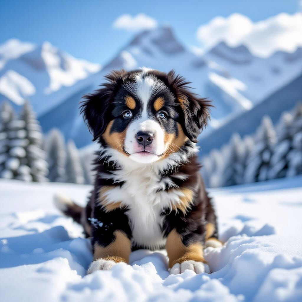 Bernese Puppy Plays in Snowy Mountain Landscape
