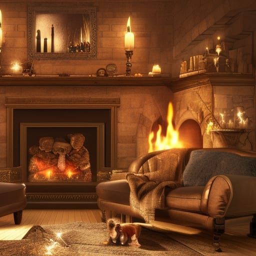 Cozy Hygge Fireplace in Digital Matte Painting Style
