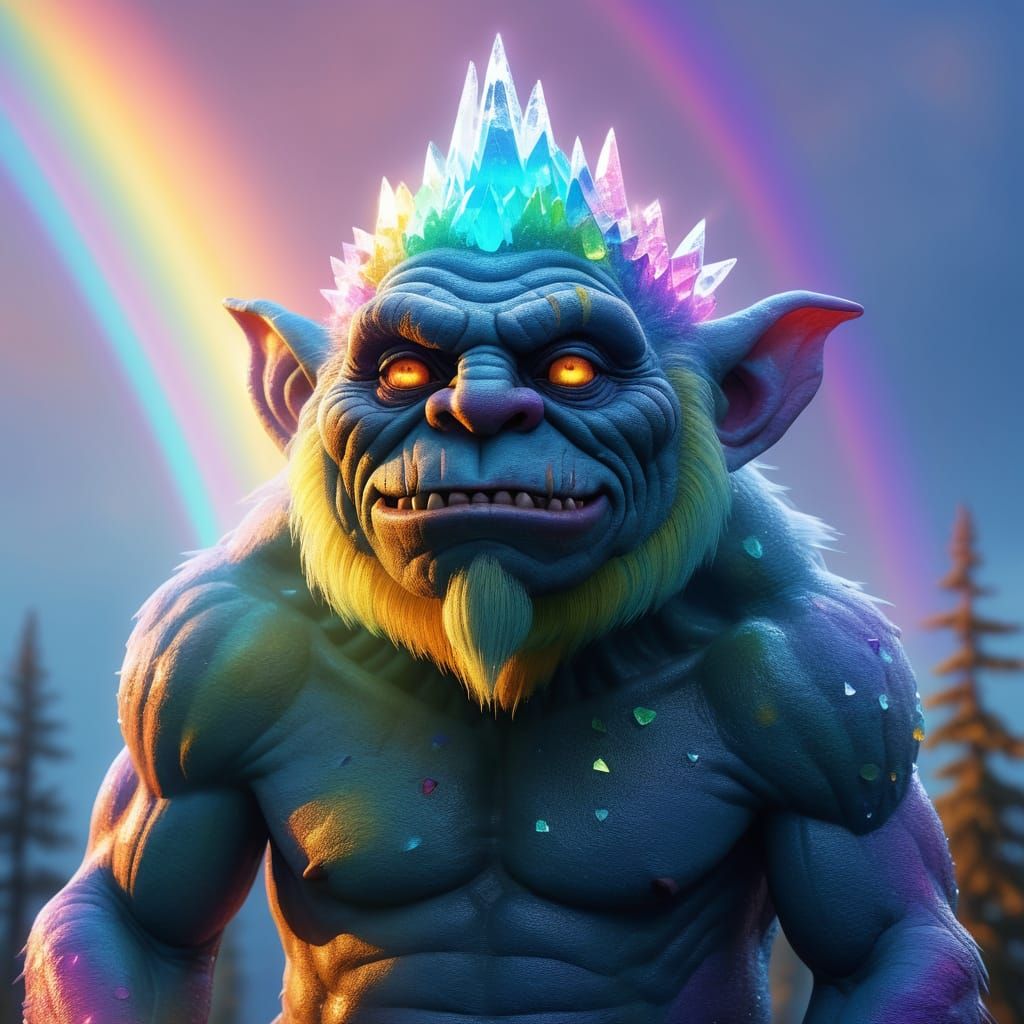 Crystal Troll Under Rainbow: Vibrant Fantasy Art